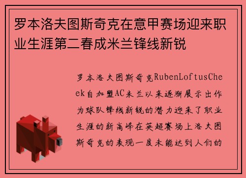 罗本洛夫图斯奇克在意甲赛场迎来职业生涯第二春成米兰锋线新锐 罗本洛夫图斯奇克在意甲赛场迎来职业生涯第二春成米兰锋线新锐