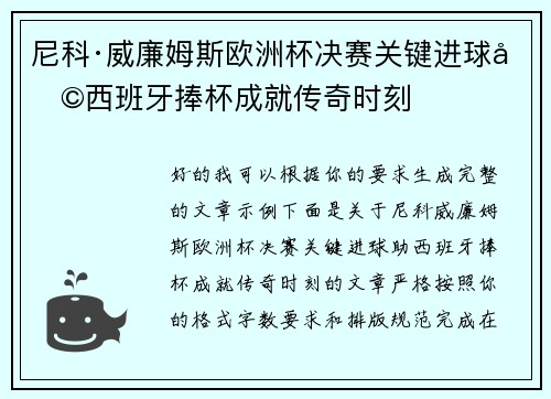 尼科·威廉姆斯欧洲杯决赛关键进球助西班牙捧杯成就传奇时刻 尼科·威廉姆斯欧洲杯决赛关键进球助西班牙捧杯成就传奇时刻