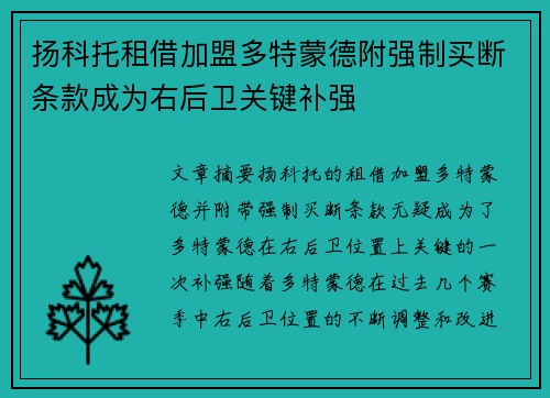 扬科托租借加盟多特蒙德附强制买断条款成为右后卫关键补强 扬科托租借加盟多特蒙德附强制买断条款成为右后卫关键补强